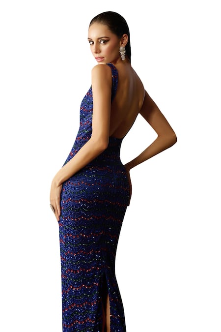 Shop Diyarajvvir Blue Tulle, Satin, Lycra Beads, Sequins, Geometric Embroidered Sheath Dress Online at Aza Fashions Shop_Diyarajvvir_Blue Tulle, Satin, Lycra Beads, Sequins, Geometric Embroidered Sheath Dress _Online_at_Aza_Fashions