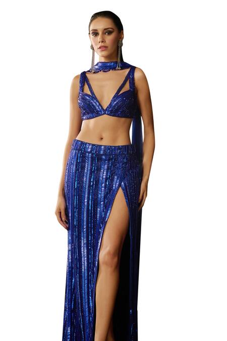 Buy Diyarajvvir Blue Tulle, Satin, Lycra, Chiffon Sequins, Thigh Slit Embroidered Skirt Set Online at Aza Fashions Buy_Diyarajvvir_Blue Tulle, Satin, Lycra, Chiffon Sequins, Thigh Slit Embroidered Skirt Set _Online_at_Aza_Fashions
