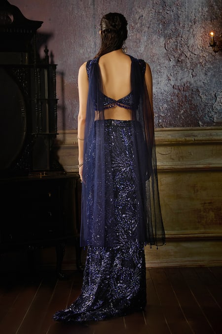 Shop Diyarajvvir Blue Tulle, Satin, Lycra Sequins, Thigh Slit Embroidered Skirt Blouse Set at Aza Fashions Shop_Diyarajvvir_Blue Tulle, Satin, Lycra Sequins, Thigh Slit Embroidered Skirt Blouse Set _at_Aza_Fashions