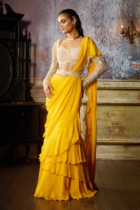 DiyaRajvvir Yellow Tulle Embroidered Pearl Ruffle Detailed Pre-draped Saree With Blouse 