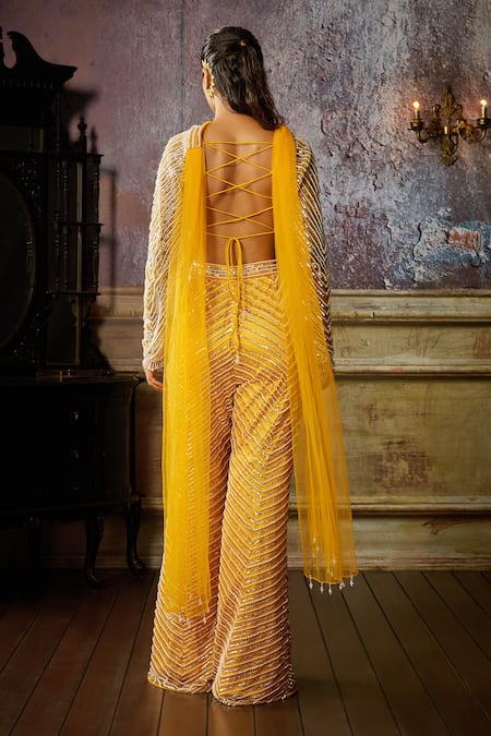 Shop_Diyarajvvir_Yellow Tulle, Satin, Lycra Pearls, Sequins, Tassled Detailed Blouse Pant Set _at_Aza_Fashions