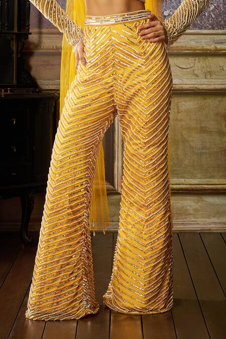 Diyarajvvir_Yellow Tulle, Satin, Lycra Pearls, Sequins, Tassled Detailed Blouse Pant Set _Online_at_Aza_Fashions
