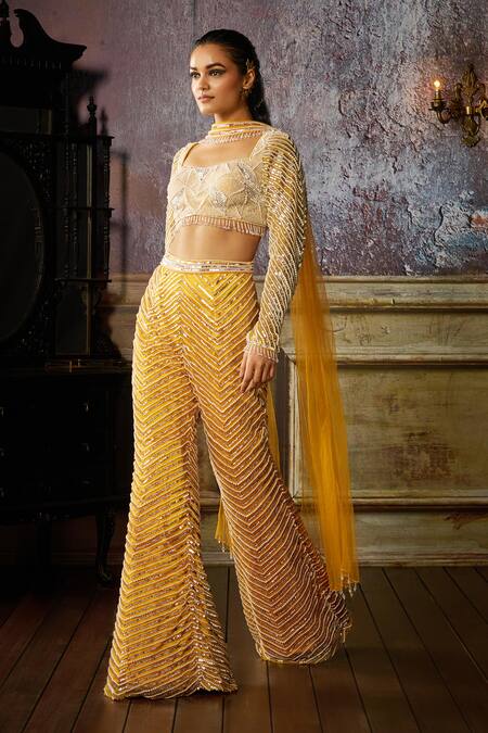 Shop_Diyarajvvir_Yellow Tulle, Satin, Lycra Pearls, Sequins, Tassled Detailed Blouse Pant Set _Online_at_Aza_Fashions
