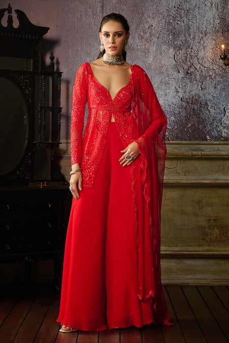 DiyaRajvvir Red Tulle Embroidered Pearl Plunge Leaf Front Slit Peplum Tunic Sharara Set 