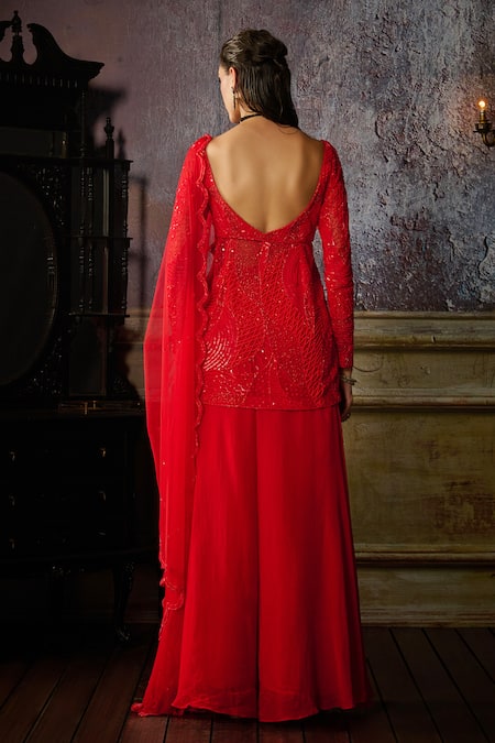 Shop_Diyarajvvir_Red Organza, Tulle, Satin Pearls, Sequins, Front Slit Peplum Tunic Sharara Set _at_Aza_Fashions