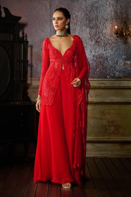 Diyarajvvir_Red Organza, Tulle, Satin Pearls, Sequins, Front Slit Peplum Tunic Sharara Set _Online_at_Aza_Fashions