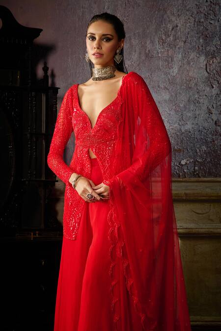 Buy_Diyarajvvir_Red Organza, Tulle, Satin Pearls, Sequins, Front Slit Peplum Tunic Sharara Set _Online_at_Aza_Fashions