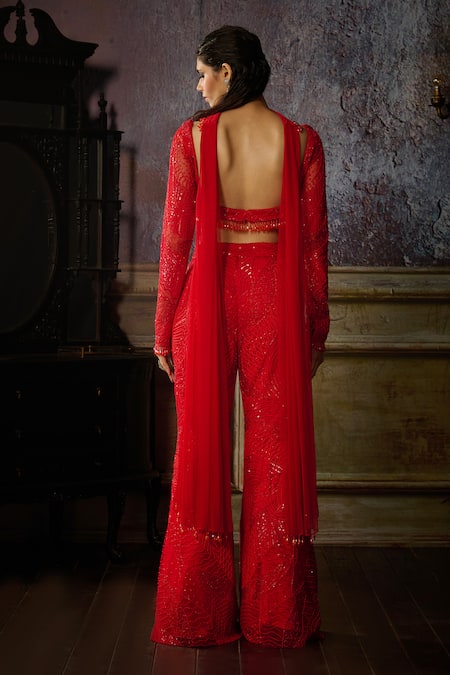 Diyarajvvir Red Tulle, Satin, Lycra Pearls, Sequins, Tassel Detailed Blouse Sharara Set Online at Aza Fashions Diyarajvvir_Red Tulle, Satin, Lycra Pearls, Sequins, Tassel Detailed Blouse Sharara Set _Online_at_Aza_Fashions