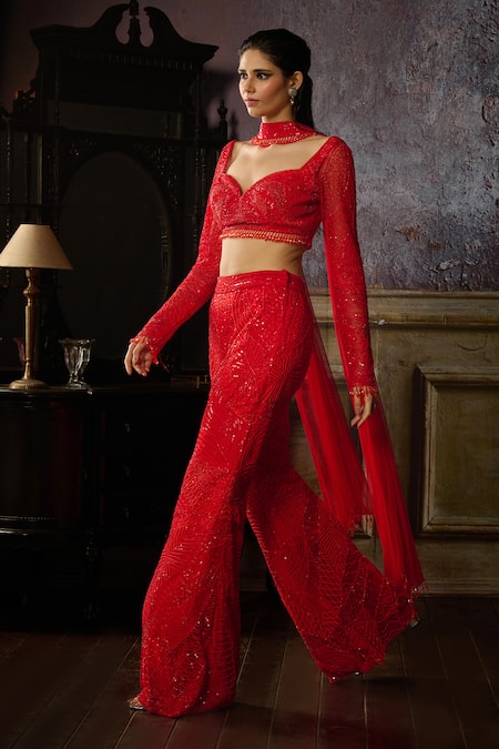 Shop Diyarajvvir Red Tulle, Satin, Lycra Pearls, Sequins, Tassel Detailed Blouse Sharara Set Online at Aza Fashions Shop_Diyarajvvir_Red Tulle, Satin, Lycra Pearls, Sequins, Tassel Detailed Blouse Sharara Set _Online_at_Aza_Fashions