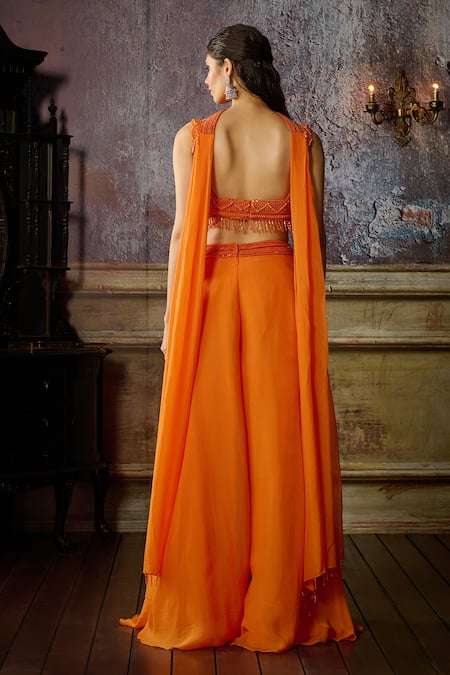 Shop Diyarajvvir Orange Organza, Tulle Sequins, Beads Embroidered Waist Sharara Set at Aza Fashions Shop_Diyarajvvir_Orange Organza, Tulle Sequins, Beads Embroidered Waist Sharara Set _at_Aza_Fashions