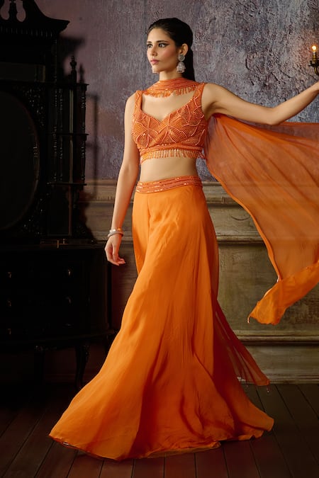 Buy Diyarajvvir Orange Organza, Tulle Sequins, Beads Embroidered Waist Sharara Set Online at Aza Fashions Buy_Diyarajvvir_Orange Organza, Tulle Sequins, Beads Embroidered Waist Sharara Set _Online_at_Aza_Fashions