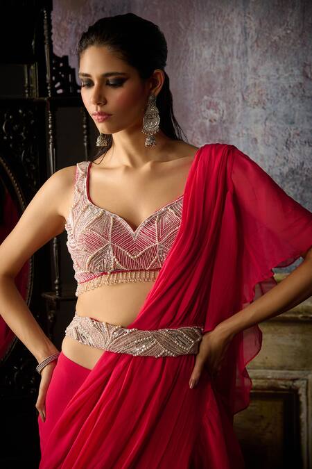 Diyarajvvir_Fuchsia Organza, Tulle, Georgette Ruffle Detailed Pre-draped Saree Blouse Set _Online_at_Aza_Fashions