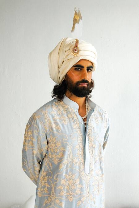 Wabi Sabi By Anshum-Ritesh_Blue Chanderi Embroidery Floral Damask Kurta With Pyjama _Online_at_Aza_Fashions