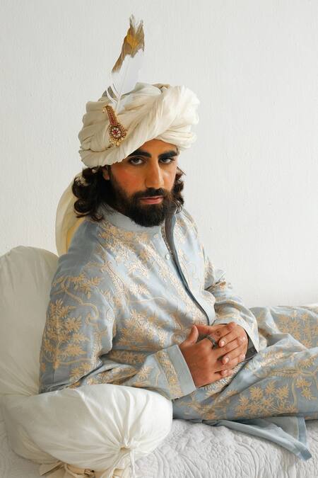 Buy_Wabi Sabi By Anshum-Ritesh_Blue Chanderi Embroidery Floral Damask Kurta With Pyjama _Online_at_Aza_Fashions