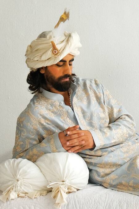 Shop_Wabi Sabi By Anshum-Ritesh_Blue Chanderi Embroidery Floral Damask Kurta With Pyjama _Online_at_Aza_Fashions