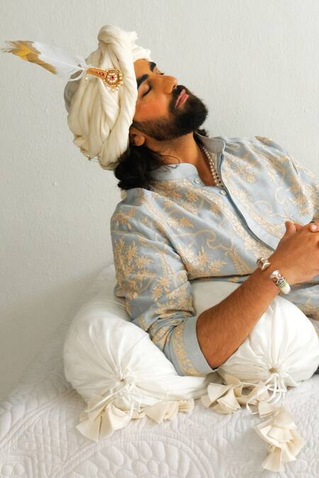 Wabi Sabi By Anshum-Ritesh_Blue Chanderi Embroidery Floral Damask Kurta With Pyjama _at_Aza_Fashions