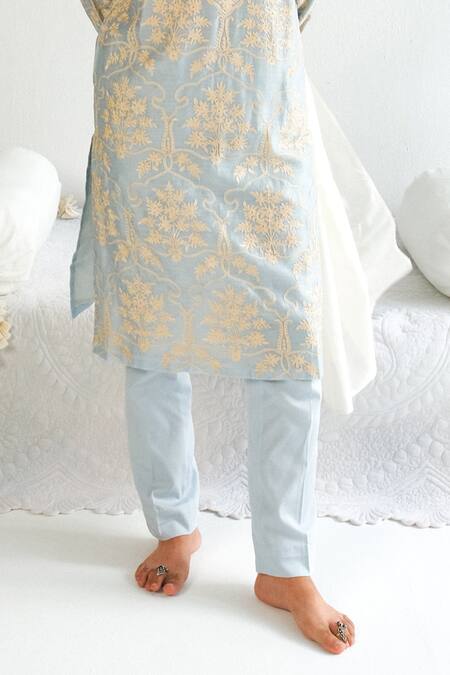 Buy_Wabi Sabi By Anshum-Ritesh_Blue Chanderi Embroidery Floral Damask Kurta With Pyjama 