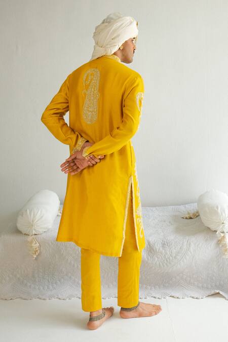 Shop_Wabi Sabi By Anshum-Ritesh_Yellow Chanderi Embroidery Paisley Vine Kurta With Pyjama _at_Aza_Fashions