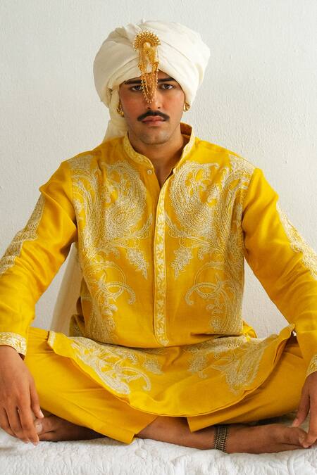 Shop_Wabi Sabi By Anshum-Ritesh_Yellow Chanderi Embroidery Paisley Vine Kurta With Pyjama _Online_at_Aza_Fashions