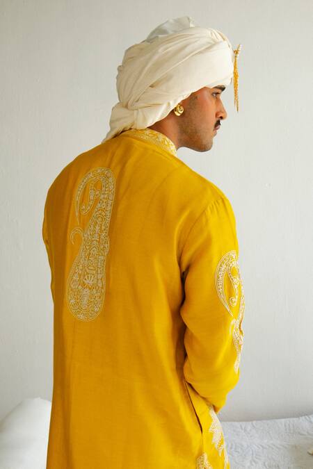 Buy_Wabi Sabi By Anshum-Ritesh_Yellow Chanderi Embroidery Paisley Vine Kurta With Pyjama 