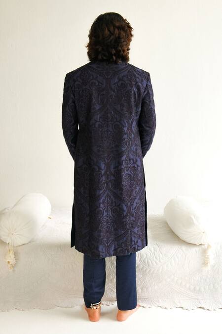 Shop_Wabi Sabi By Anshum-Ritesh_Blue Chanderi Sequins, Beads Paisley Pattern Embroidered Sherwani Set _at_Aza_Fashions