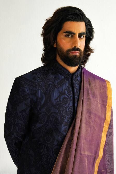 Wabi Sabi By Anshum-Ritesh_Blue Chanderi Sequins, Beads Paisley Pattern Embroidered Sherwani Set _Online_at_Aza_Fashions