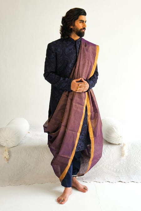 Buy_Wabi Sabi By Anshum-Ritesh_Blue Chanderi Sequins, Beads Paisley Pattern Embroidered Sherwani Set _Online_at_Aza_Fashions