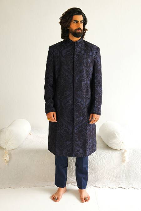 Shop_Wabi Sabi By Anshum-Ritesh_Blue Chanderi Sequins, Beads Paisley Pattern Embroidered Sherwani Set _Online_at_Aza_Fashions