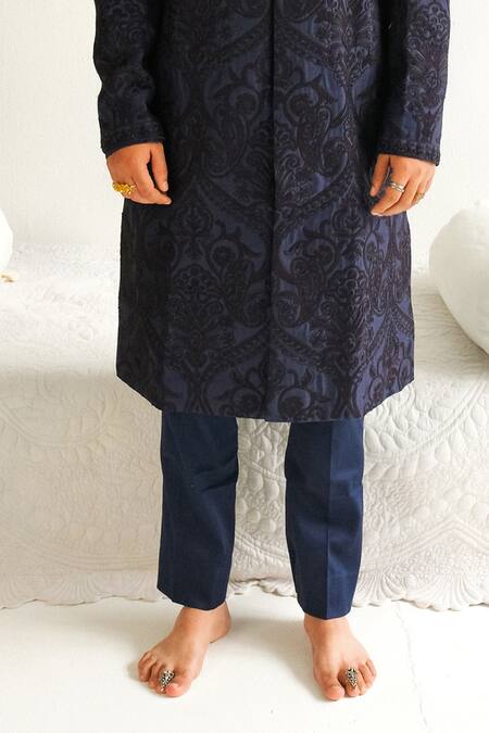 Wabi Sabi By Anshum-Ritesh_Blue Chanderi Sequins, Beads Paisley Pattern Embroidered Sherwani Set _at_Aza_Fashions