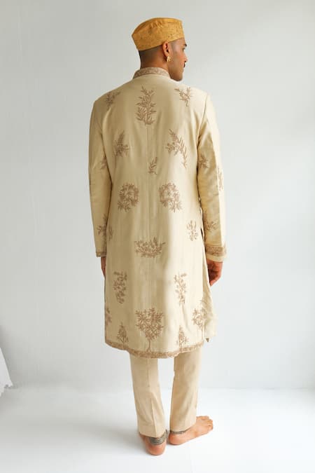 Shop_Wabi Sabi By Anshum-Ritesh_Beige Chanderi Embroidery Kaaravaan Sherwani Set _at_Aza_Fashions