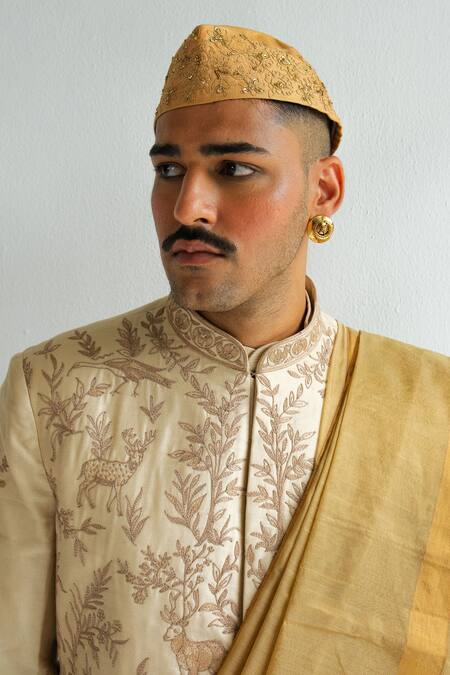 Buy_Wabi Sabi By Anshum-Ritesh_Beige Chanderi Embroidery Kaaravaan Sherwani Set _Online_at_Aza_Fashions