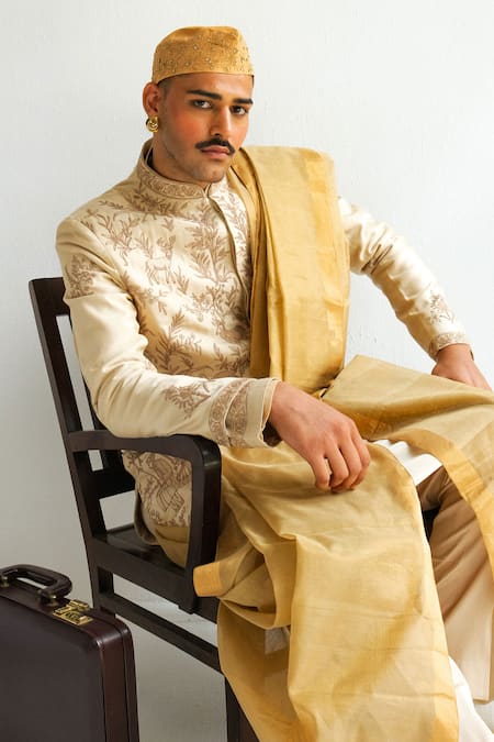 Shop_Wabi Sabi By Anshum-Ritesh_Beige Chanderi Embroidery Kaaravaan Sherwani Set _Online_at_Aza_Fashions