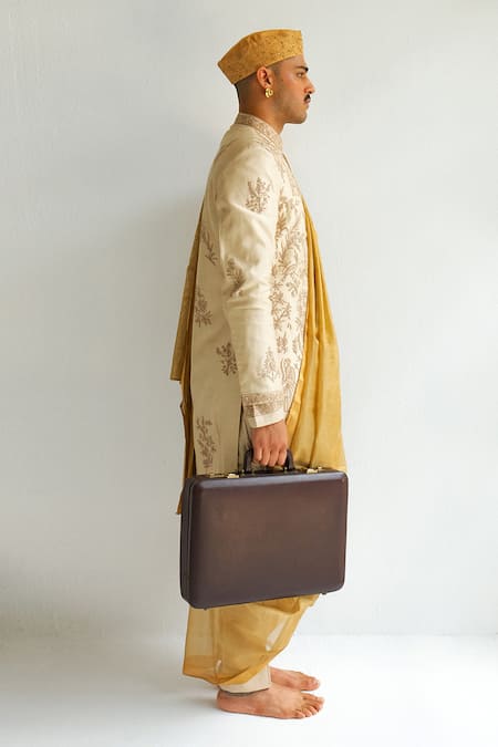 Shop_Wabi Sabi By Anshum-Ritesh_Beige Chanderi Embroidery Kaaravaan Sherwani Set 