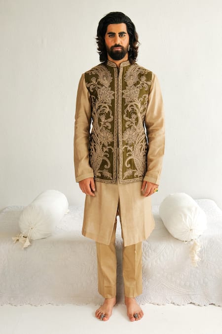 Shop Wabi Sabi By Anshum-Ritesh Green Chanderi Embroidery Paisley Vine Bundi Set Online at Aza Fashions Shop_Wabi Sabi By Anshum-Ritesh_Green Chanderi Embroidery Paisley Vine Bundi Set _Online_at_Aza_Fashions