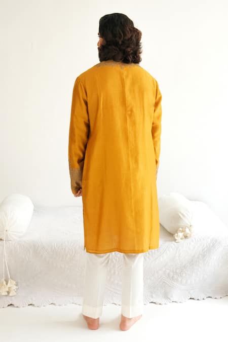 Shop_Wabi Sabi By Anshum-Ritesh_Yellow Chanderi Embroidery Floral Twig Kurta With Pyjama _at_Aza_Fashions