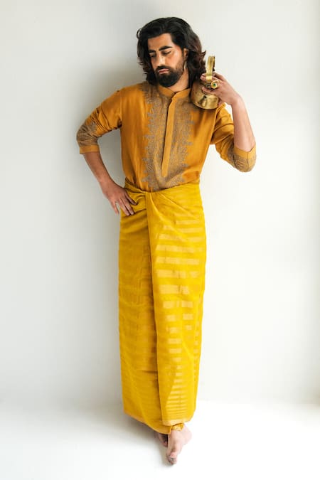 Wabi Sabi By Anshum-Ritesh_Yellow Chanderi Embroidery Floral Twig Kurta With Pyjama _Online_at_Aza_Fashions