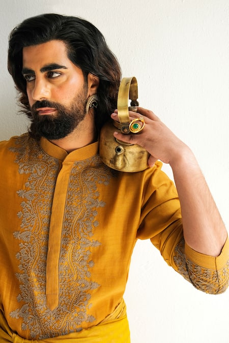 Buy_Wabi Sabi By Anshum-Ritesh_Yellow Chanderi Embroidery Floral Twig Kurta With Pyjama _Online_at_Aza_Fashions