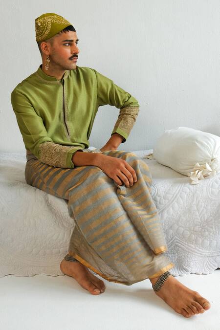 Wabi Sabi By Anshum-Ritesh Green Chanderi Embroidery Floral Ornate Pattern Kurta With Pyjama Online at Aza Fashions Wabi Sabi By Anshum-Ritesh_Green Chanderi Embroidery Floral Ornate Pattern Kurta With Pyjama _Online_at_Aza_Fashions