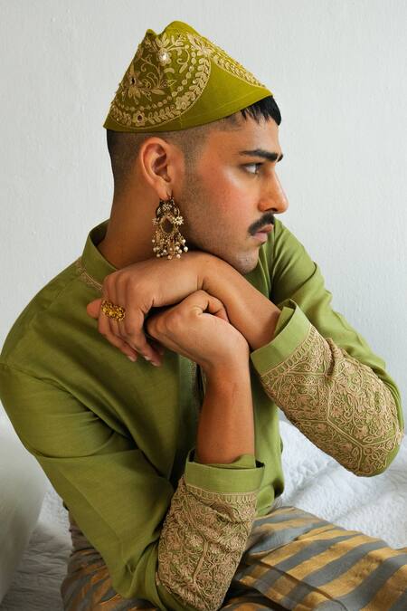 Buy Wabi Sabi By Anshum-Ritesh Green Chanderi Embroidery Floral Ornate Pattern Kurta With Pyjama Online at Aza Fashions Buy_Wabi Sabi By Anshum-Ritesh_Green Chanderi Embroidery Floral Ornate Pattern Kurta With Pyjama _Online_at_Aza_Fashions