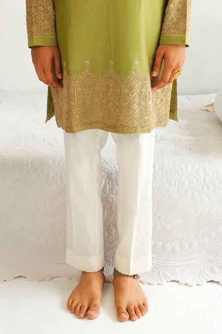 Shop Wabi Sabi By Anshum-Ritesh Green Chanderi Embroidery Floral Ornate Pattern Kurta With Pyjama Online at Aza Fashions Shop_Wabi Sabi By Anshum-Ritesh_Green Chanderi Embroidery Floral Ornate Pattern Kurta With Pyjama _Online_at_Aza_Fashions