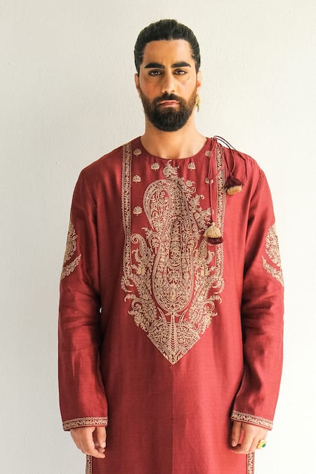 Buy_Wabi Sabi By Anshum-Ritesh_Red Chanderi Embroidery, Tassels Paisley Kurta With Pant _Online_at_Aza_Fashions