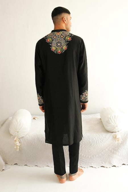 Shop_Wabi Sabi By Anshum-Ritesh_Black Chanderi Embroidery Bling And Bloom Kurta With Pyjama _at_Aza_Fashions