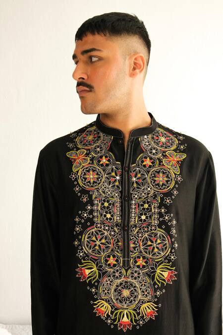 Shop_Wabi Sabi By Anshum-Ritesh_Black Chanderi Embroidery Bling And Bloom Kurta With Pyjama _Online_at_Aza_Fashions