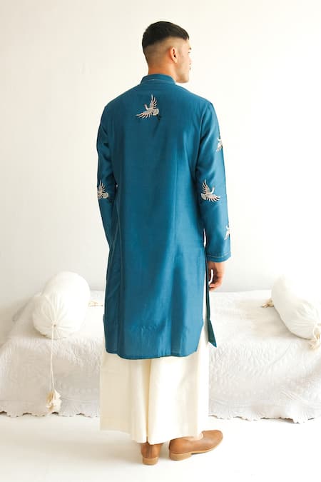 Shop Wabi Sabi By Anshum-Ritesh Blue Chanderi Embroidery Sedge Kurta With Pyjama at Aza Fashions Shop_Wabi Sabi By Anshum-Ritesh_Blue Chanderi Embroidery Sedge Kurta With Pyjama _at_Aza_Fashions