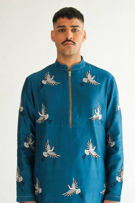 Wabi Sabi By Anshum-Ritesh Blue Chanderi Embroidery Sedge Kurta With Pyjama Online at Aza Fashions Wabi Sabi By Anshum-Ritesh_Blue Chanderi Embroidery Sedge Kurta With Pyjama _Online_at_Aza_Fashions