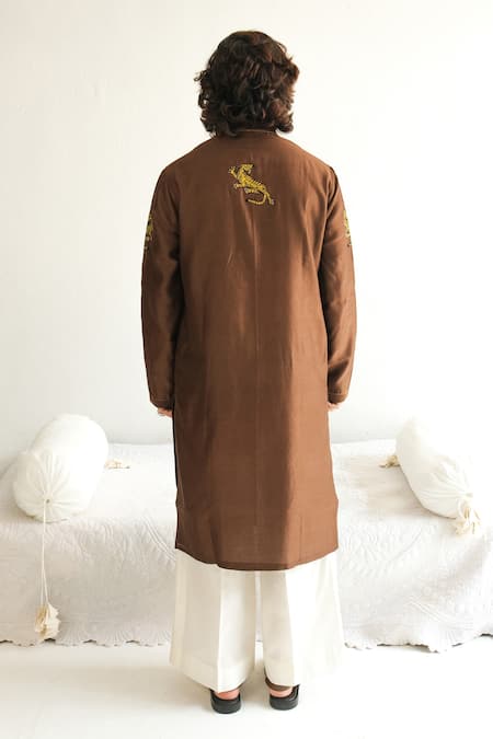 Shop_Wabi Sabi By Anshum-Ritesh_Brown Chanderi Embroidery Tiger Tribe Kurta With Pyjama _at_Aza_Fashions