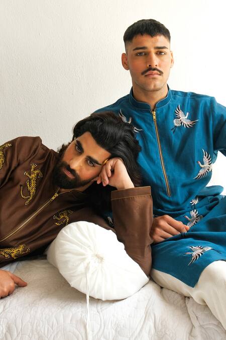 Wabi Sabi By Anshum-Ritesh_Brown Chanderi Embroidery Tiger Tribe Kurta With Pyjama _Online_at_Aza_Fashions
