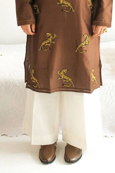 Shop_Wabi Sabi By Anshum-Ritesh_Brown Chanderi Embroidery Tiger Tribe Kurta With Pyjama _Online_at_Aza_Fashions