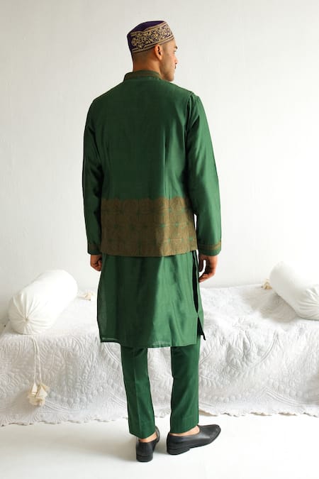 Shop_Wabi Sabi By Anshum-Ritesh_Green Chanderi Embroidery Floral Aari Bundi Kurta Set _at_Aza_Fashions