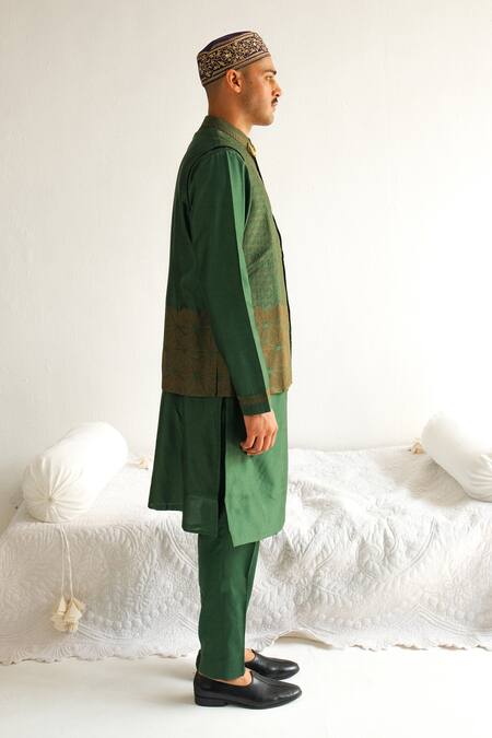 Shop_Wabi Sabi By Anshum-Ritesh_Green Chanderi Embroidery Floral Aari Bundi Kurta Set _Online_at_Aza_Fashions
